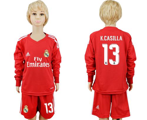 Real Madrid #13 K.Casilla Red Goalkeeper Long Sleeves Kid Soccer Club Jersey